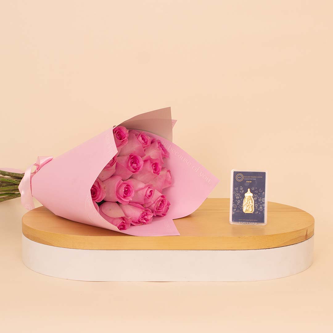 Flowrista Online Flowers Shop BTC Gold Baby Bottle  5g with Pink Roses Bouquet
