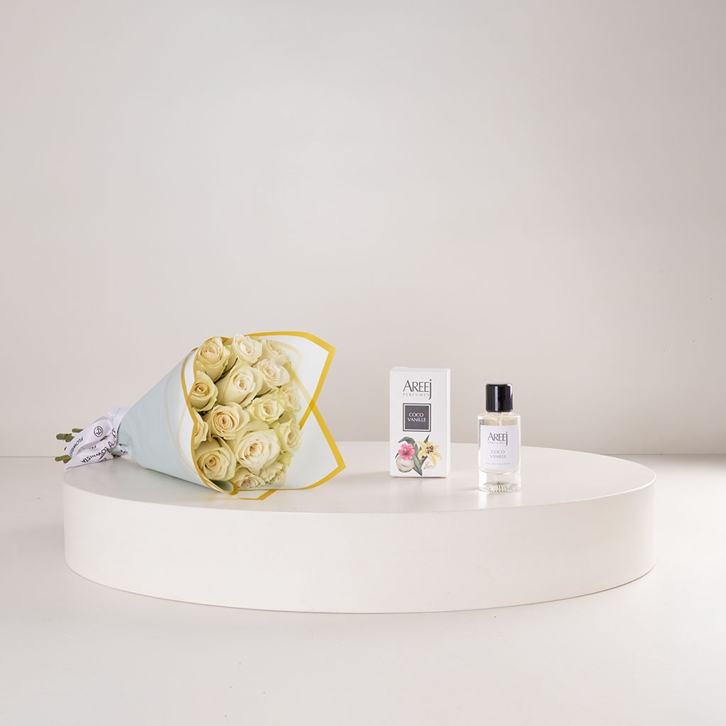 Flowrista Online Flowers Shop عطر أريج كوكو فانيلا أو دو تواليت ٥٠ مل وباقة ورود بيضاء