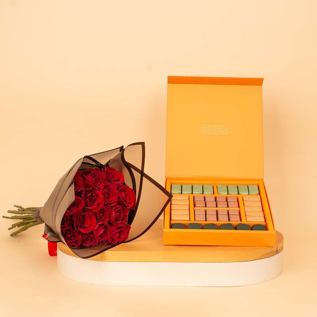 Flowrista Online Flowers Shop باتشي لي شوكو كراميل ٤٠ قطعة وباقة ورد حمراء