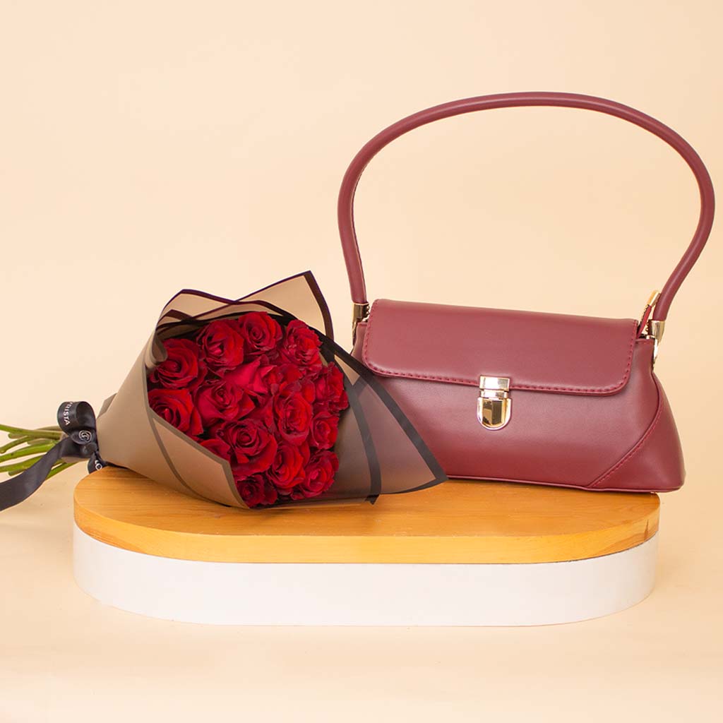 Flowrista Online Flowers Shop Alamki Arvin Burgundy Bag & Red Roses