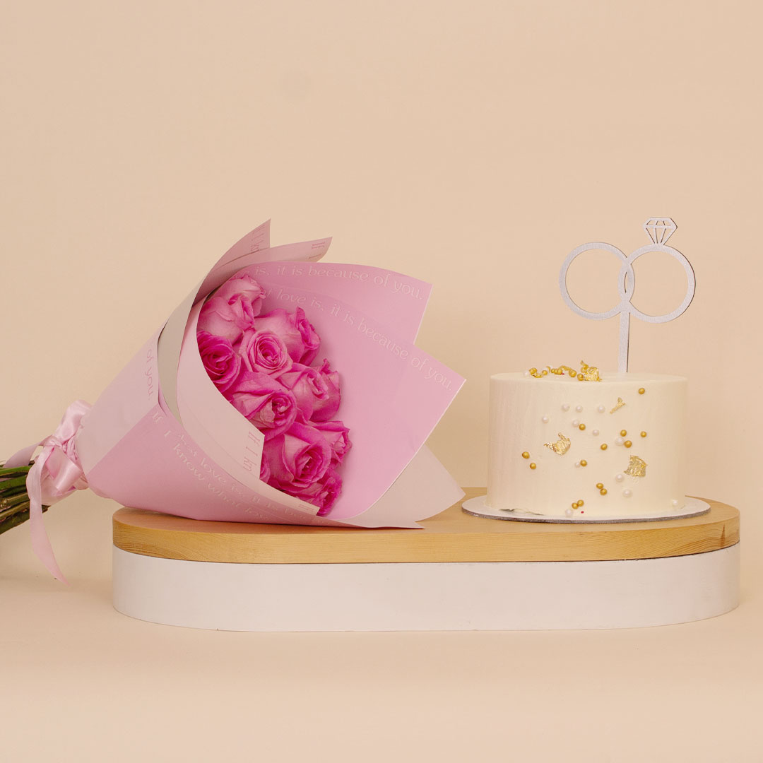 Flowrista Online Flowers Shop Ninos Golden Celebrations Cake & Pink Roses