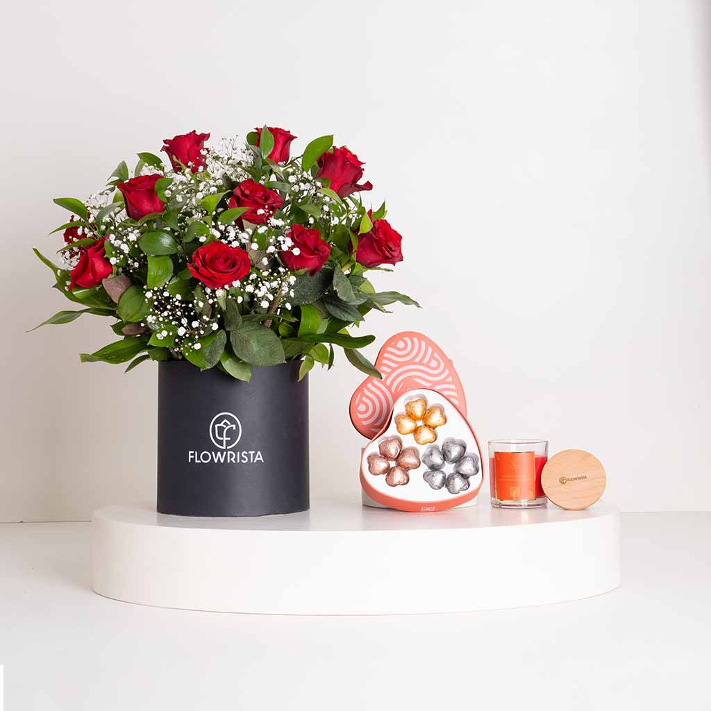 Flowrista Online Flowers Shop Patchi Tin Box 245g & Red Botanica Box & Flowrista Candle