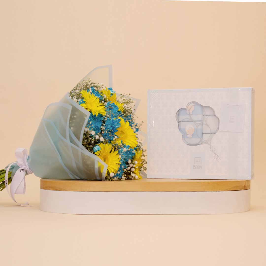 Flowrista Online Flowers Shop علبة شوكولاتة باتشي "ليتل بوي" مع باقة من الأقحوان والجيربيرا