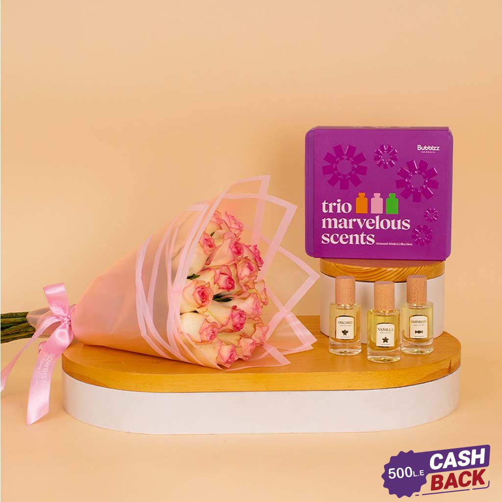 Flowrista Online Flowers Shop  مجموعة بابلز تريو مارفيلوس سنتس – كوليكشن سينشوال المصغّرة مع باقة ورود وردية