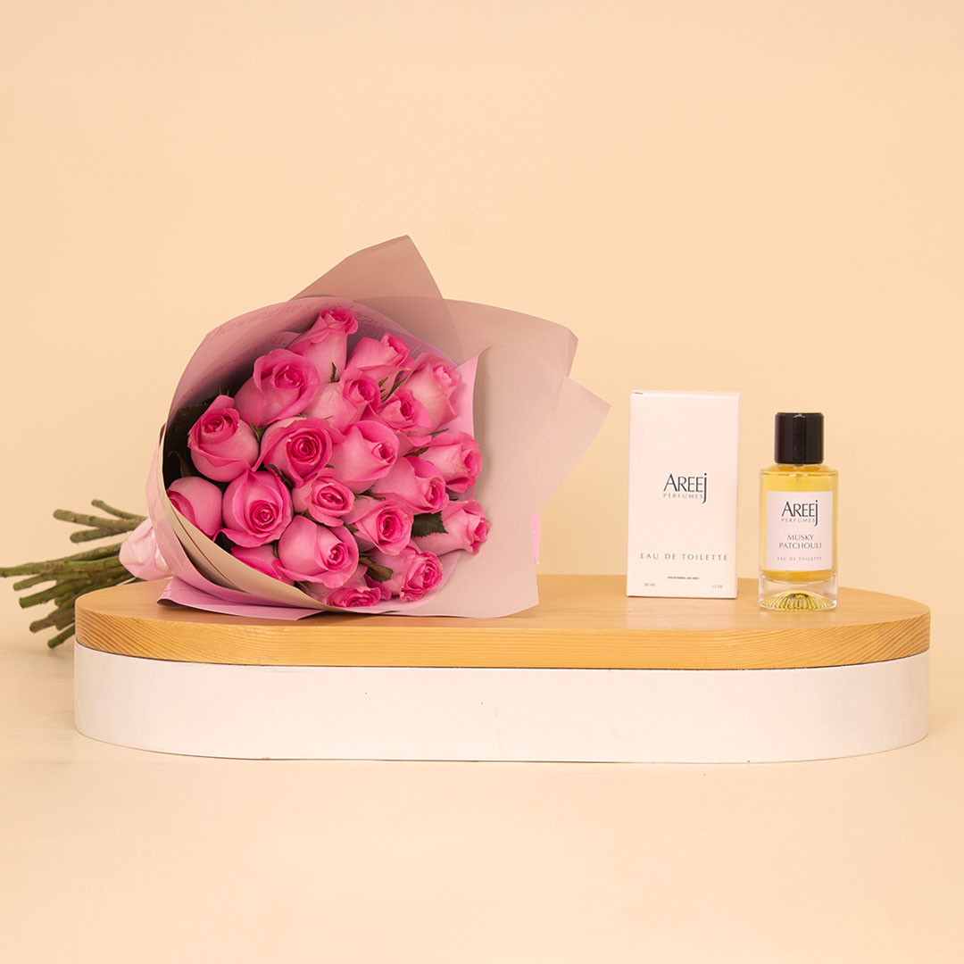 Flowrista Online Flowers Shop أريج مسك باتشولي مع بوكية 20 وردة وردية