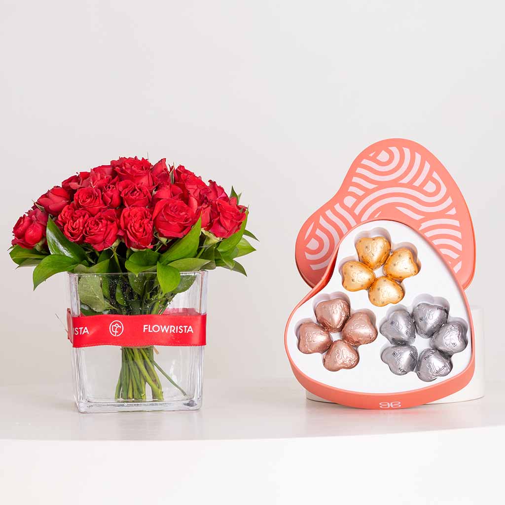 Flowrista Online Flowers Shop Patchi Tin Box 245g & Red Baby Roses Vase