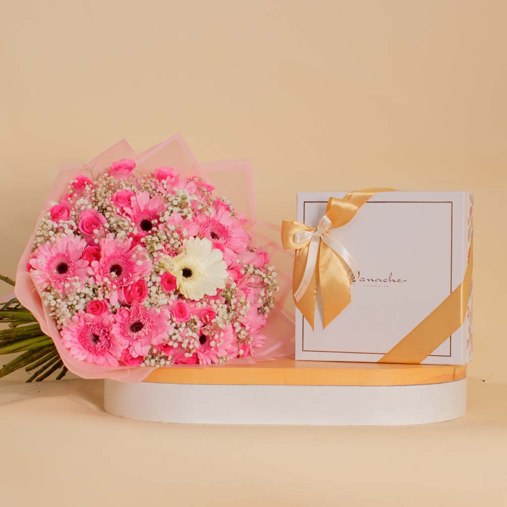 Flowrista Online Flowers Shop Panache Chocolate Box with Pink Chrysanthemum Hand Bouquet