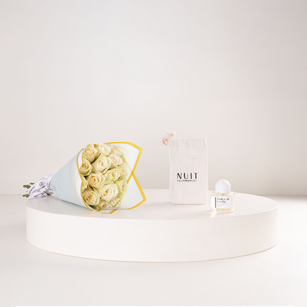 Flowrista Online Flowers Shop Nuit Dulce de Leche Perfume 50ml & White  Roses Bouquet