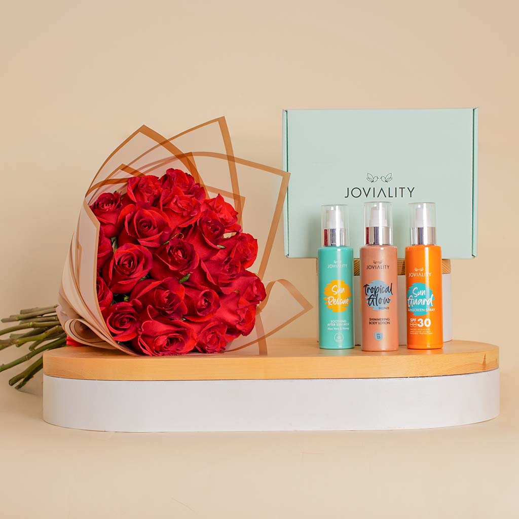 Flowrista Online Flowers Shop Joviality Sun Care Gift Box with Hand Bouquet of 20 Red Roses