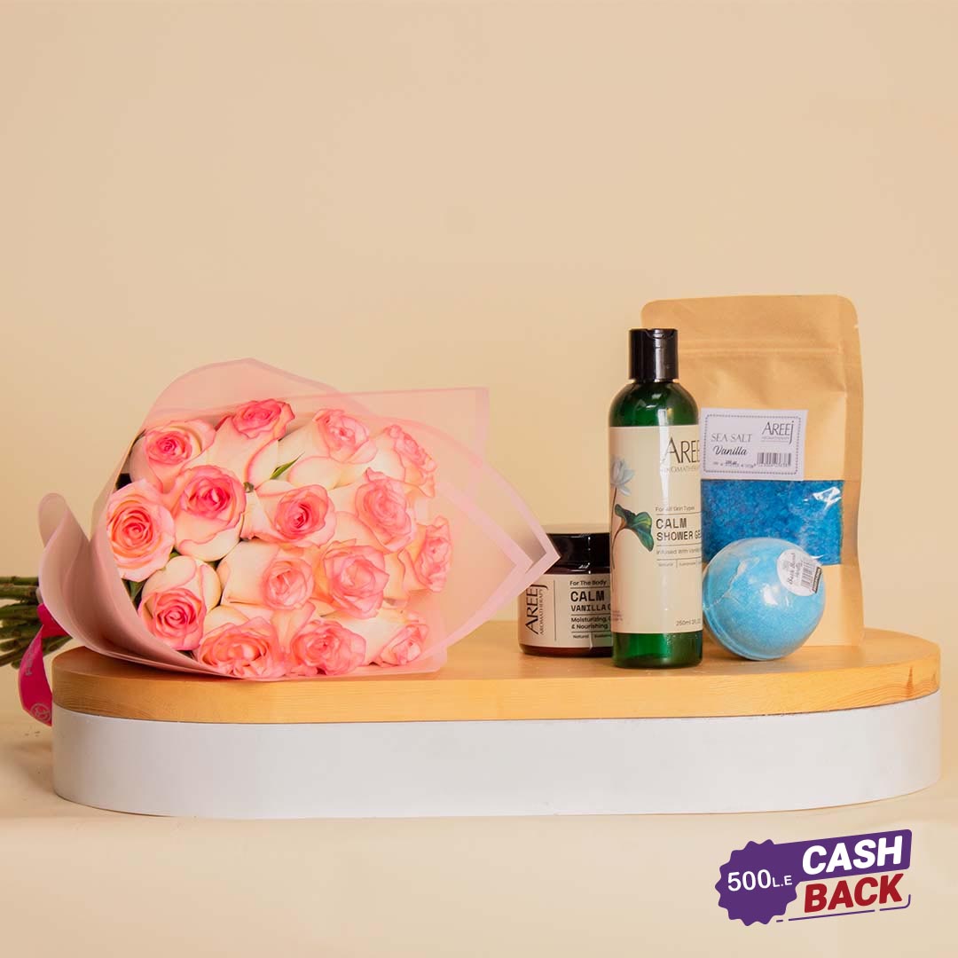 Flowrista Online Flowers Shop Areej Vanilla Set with Hand Bouquet of 20 Pink Roses