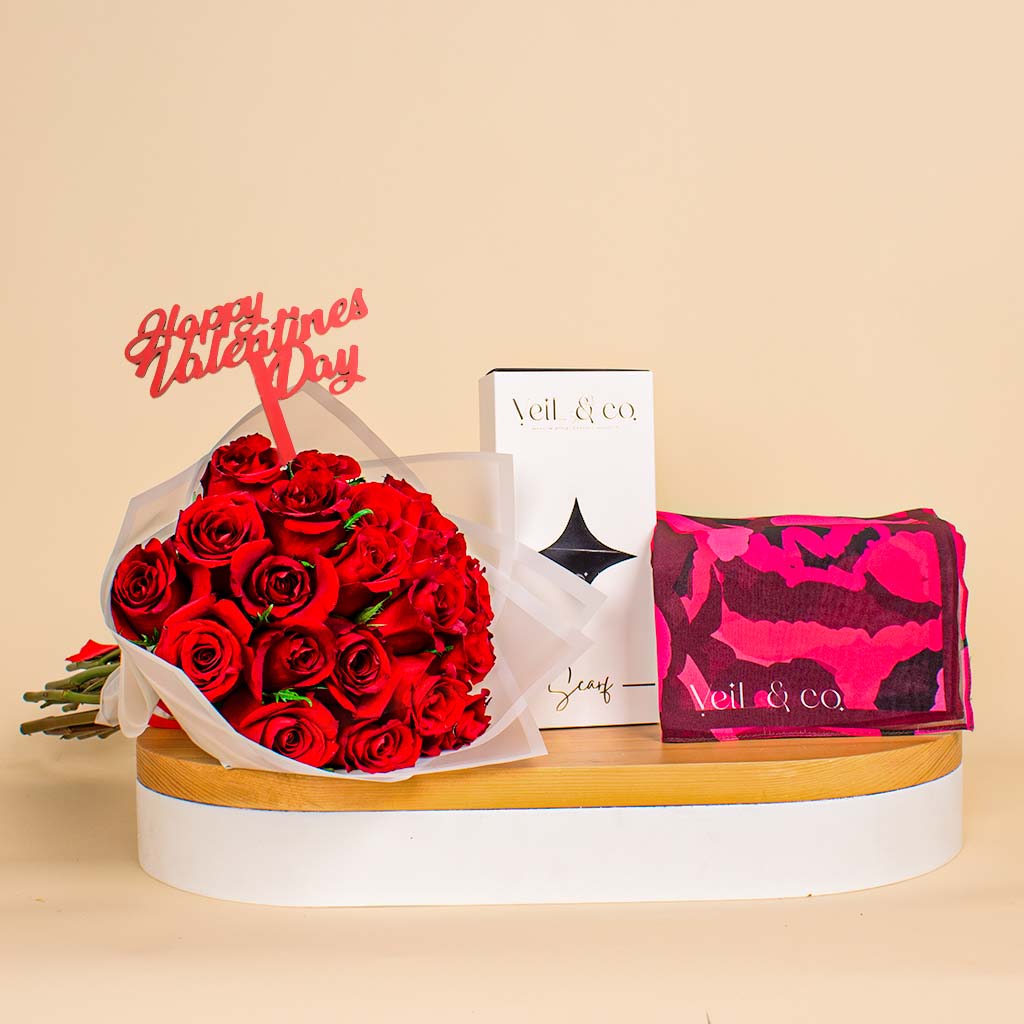 Flowrista Online Flowers Shop Veil & Co Crimson Whirl Chiffon Hijab | Valentine's Bouquet And Stick 