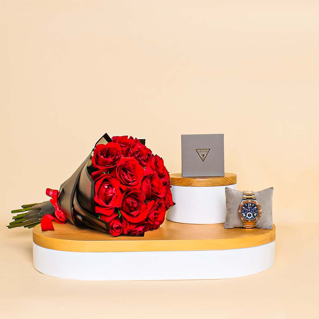 Flowrista Online Flowers Shop Valentine’s Gift Set – Steel Watch & Bouquet