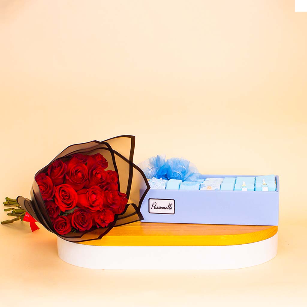 Flowrista Online Flowers Shop شوكولاتة باشونيل للمواليد الذكور ١ كجم مع باقة ورد أحمر