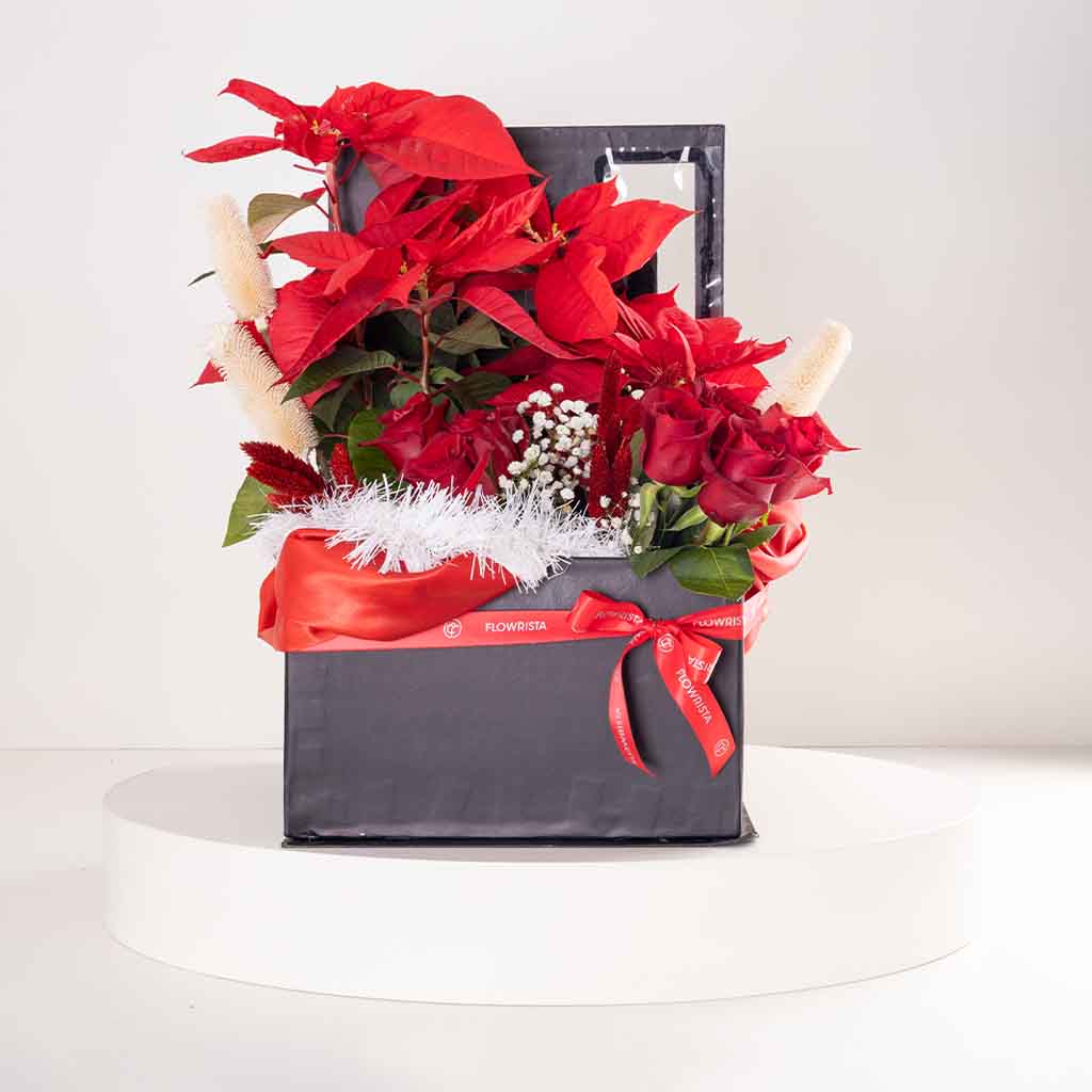 Flowrista Online Flowers Shop صندوق فلوريستا للورود الحمراء ونبات البوينسيتيا