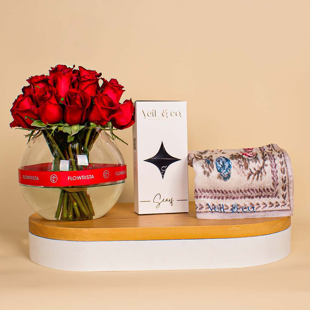Flowrista Online Flowers Shop Veil & Co Imperial Silk Hijab | Valentine's Red Rose Vase