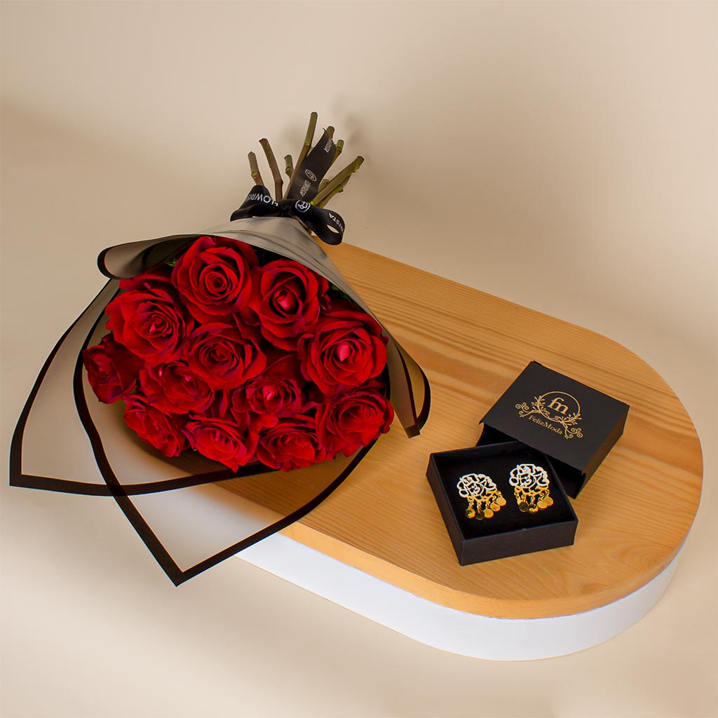 Flowrista Online Flowers Shop فيلزمودا حلق مطلي بالدهب وبوكية ورد احمر 