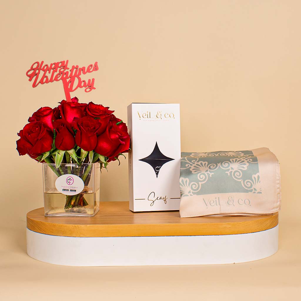 Flowrista Online Flowers Shop Veil & Co Sofia silk hijab | Valentine's Red Vase