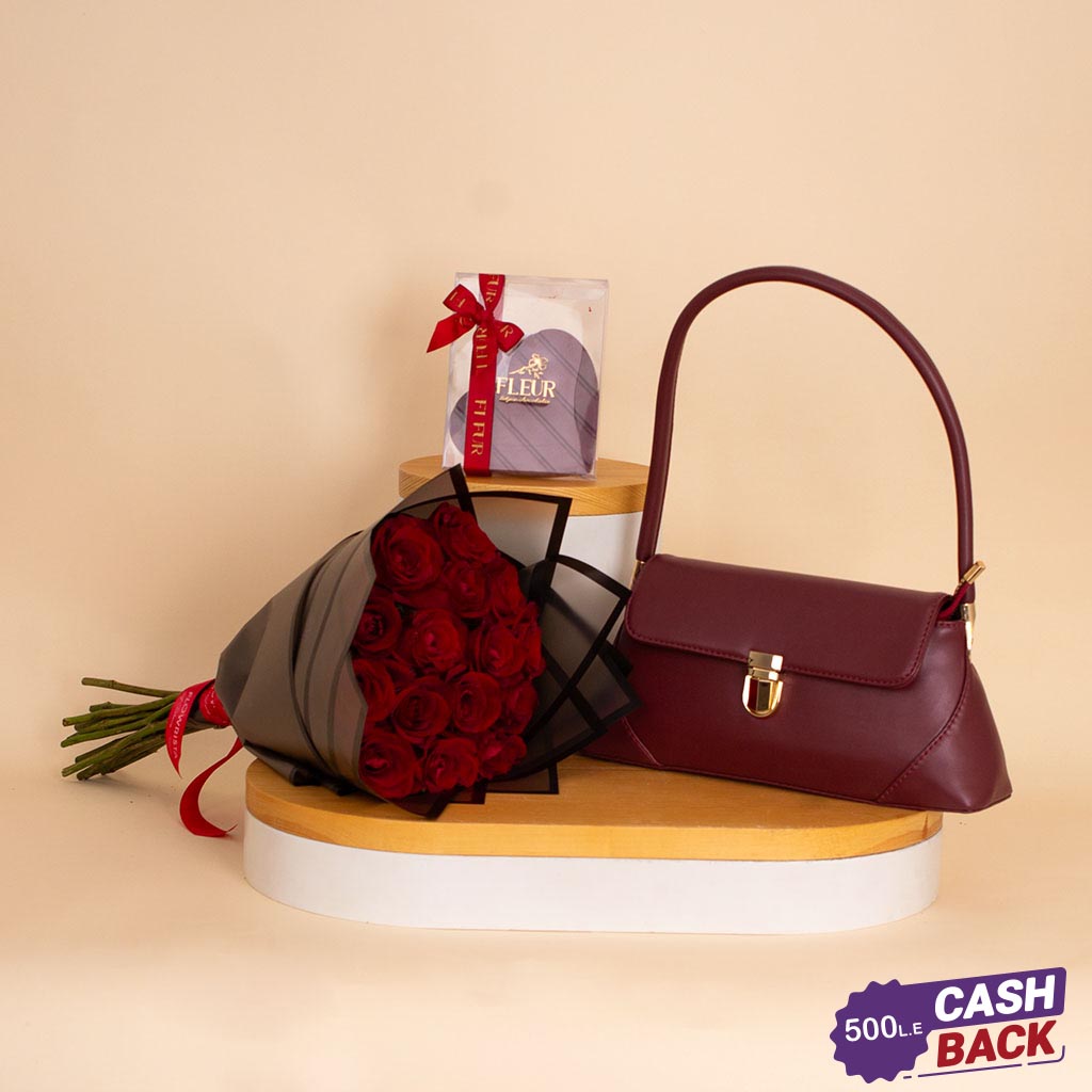 Flowrista Online Flowers Shop Alamki Arvin Burgundy Bag & Fleur Heart Chocolate & Red Roses