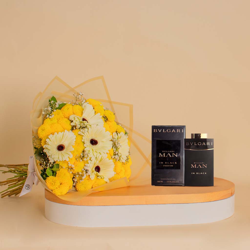 Flowrista Online Flowers Shop عطر Bvlgari Man In Black بحجم 100 مل مع بوكيه جيربيرا وكرزنتة
