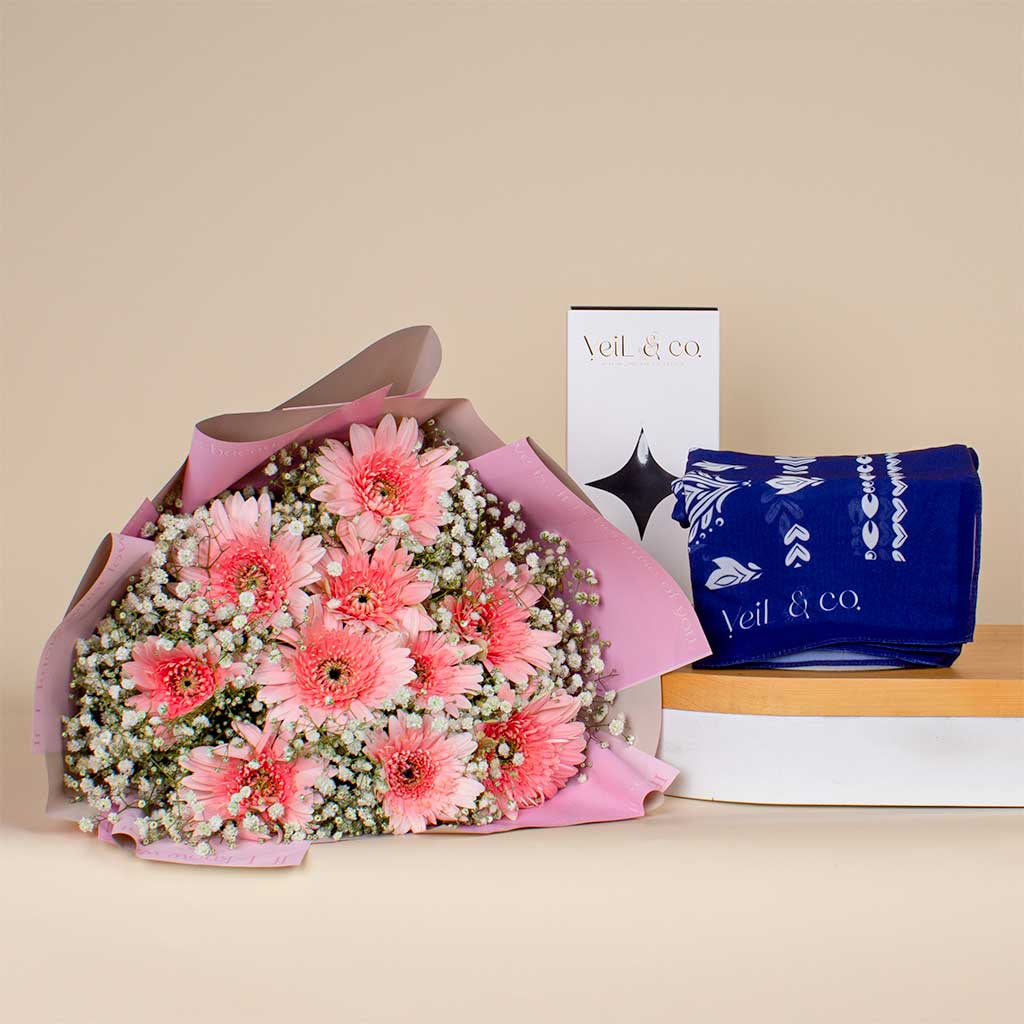 Flowrista Online Flowers Shop Veil & Co Grace Wrap chiffon hijab |10 gerberas bouquet