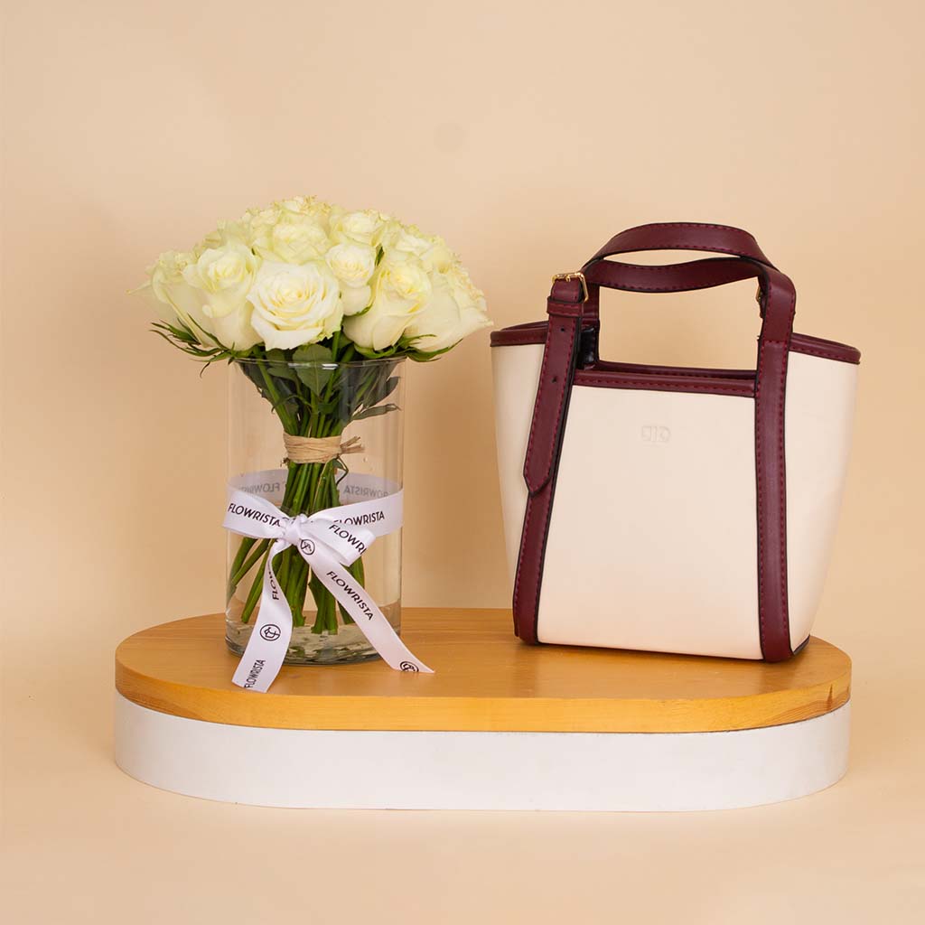 Flowrista Online Flowers Shop Alamki Velda Burgundy Bag & White Roses Vase
