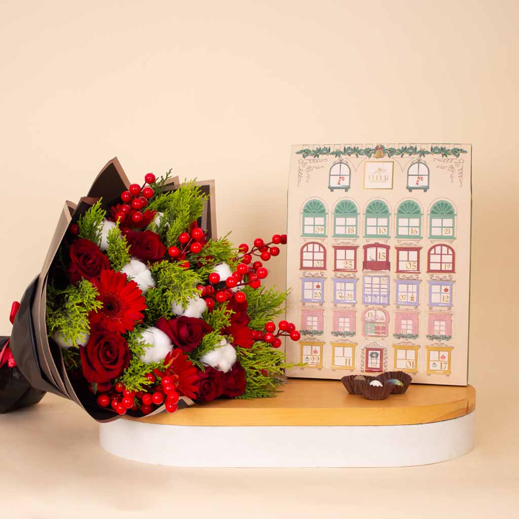 Flowrista Online Flowers Shop Fleur New Year Calendar Chocolate Box 25 Pieces & Festive Bouquet