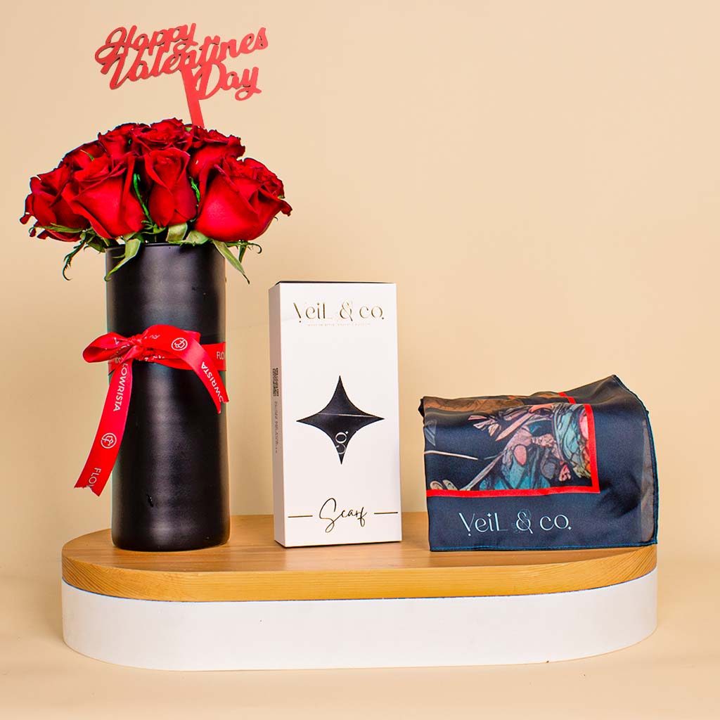 Flowrista Online Flowers Shop حجاب فيل آند كو نوار كاسكيد سيلك | فازة الفلانتين وعصاية استيك