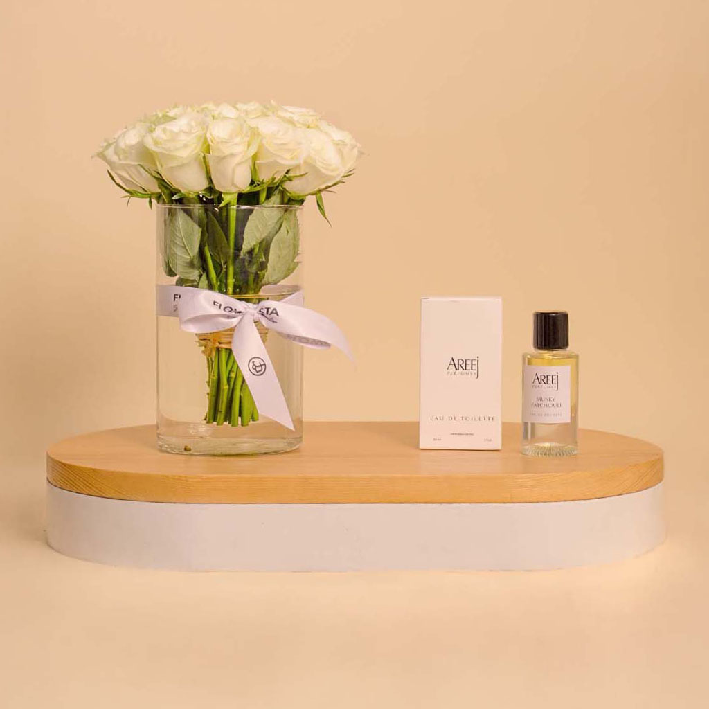 Flowrista Online Flowers Shop Areej Musk Patchouli with Vase of 20 White Roses