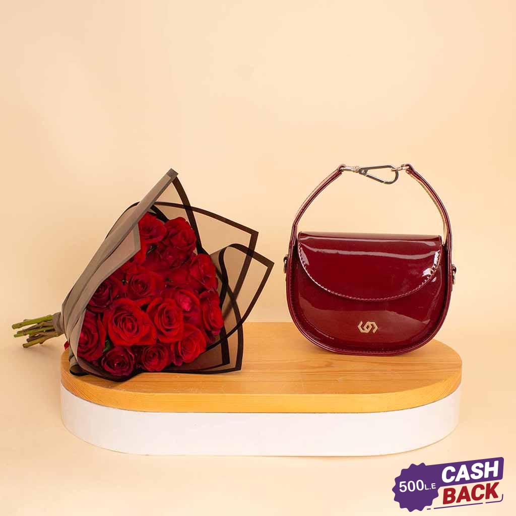 Flowrista Online Flowers Shop حقيبة كوكان نصف قمر برغندي و باقة ورود حمراء