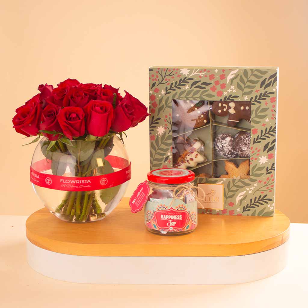 Flowrista Online Flowers Shop New Year Cookies Box and Happiness Jar & Pink Roses Vase