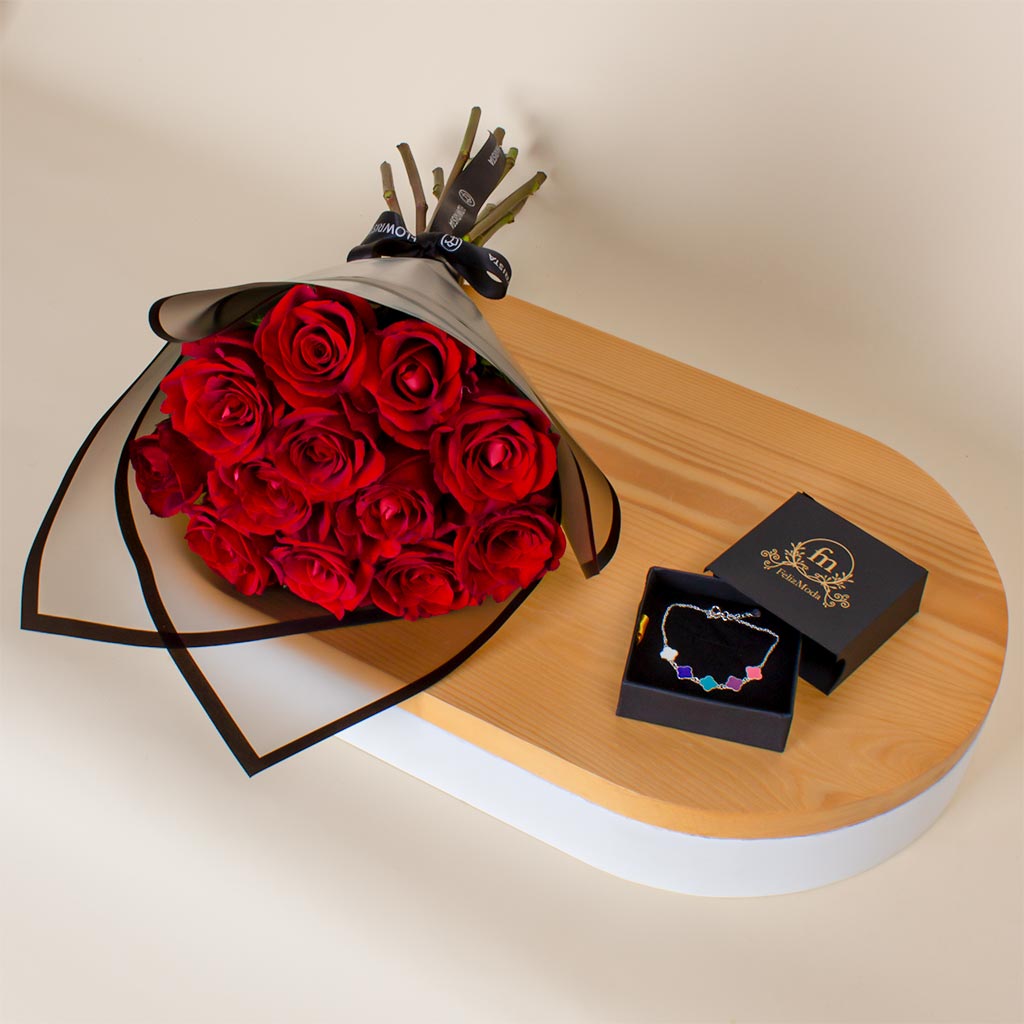 Flowrista Online Flowers Shop سوار فيليز مودا فان كليف الفضي الملون والوردة الحمراء