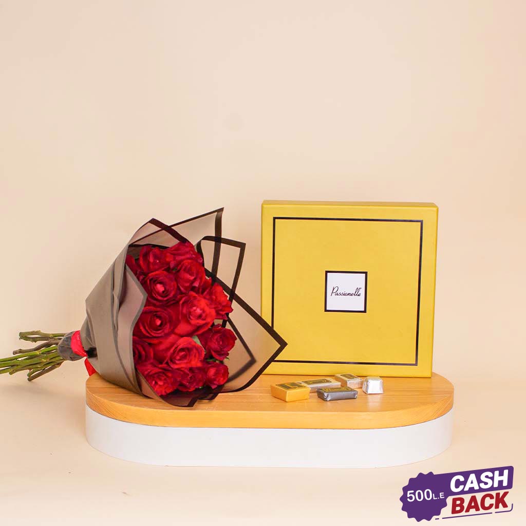 Flowrista Online Flowers Shop Passionelle Golden Chocolate Box & Red Roses Bouquet