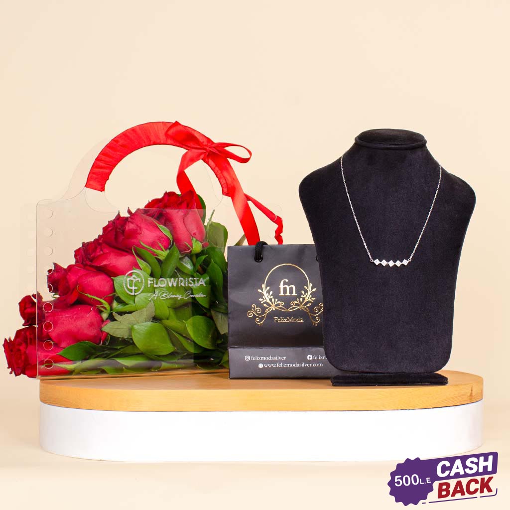 Flowrista Online Flowers Shop Valentine’s Gift – Felizmoda Silver Zircon Necklace & 12 Red Roses