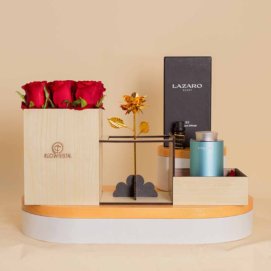 Flowrista Online Flowers Shop Lazaro Z1 Car Scent Diffuser Cyan and 9 roses and Golden Flower