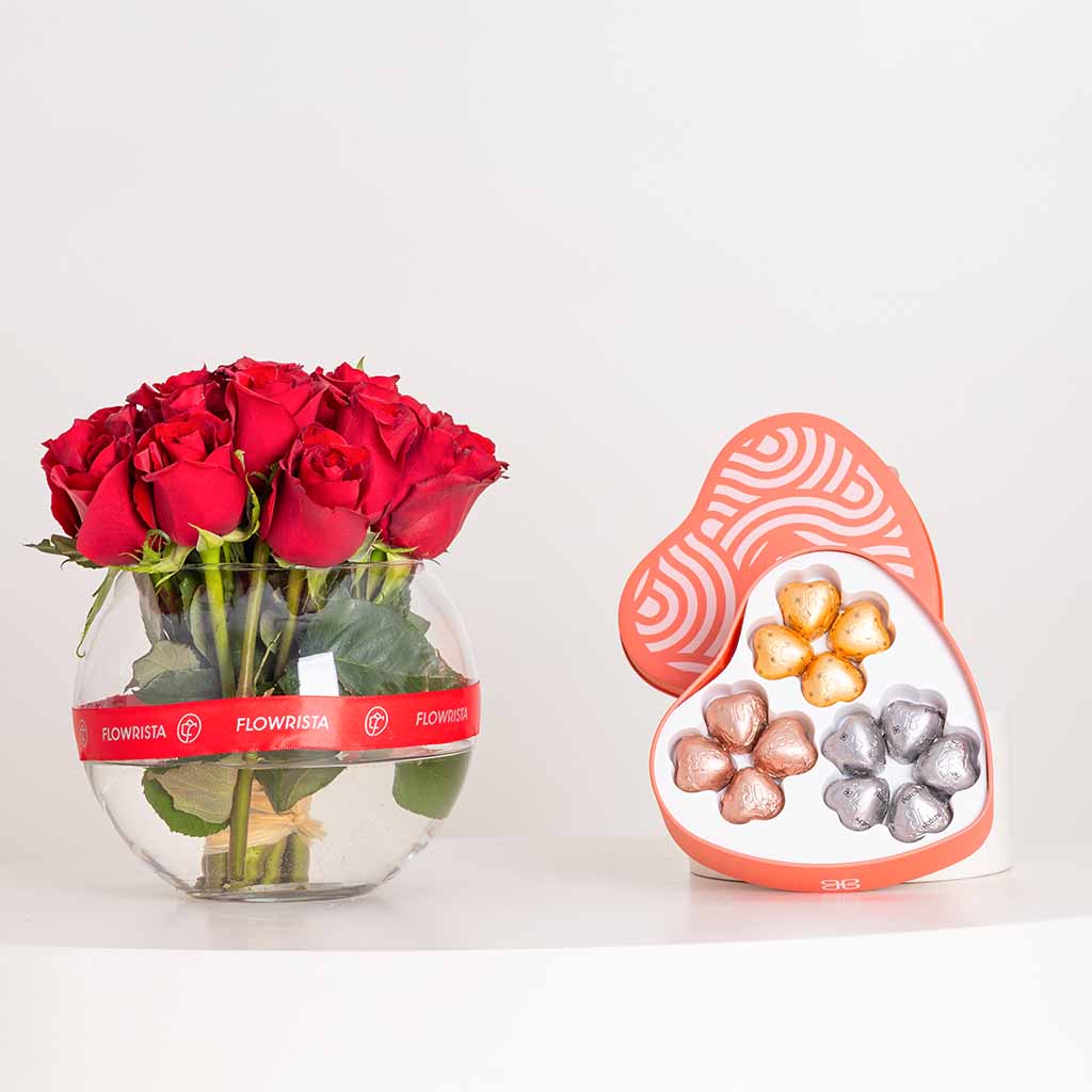 Flowrista Online Flowers Shop Patchi Tin Box 245g & Red Roses Vase