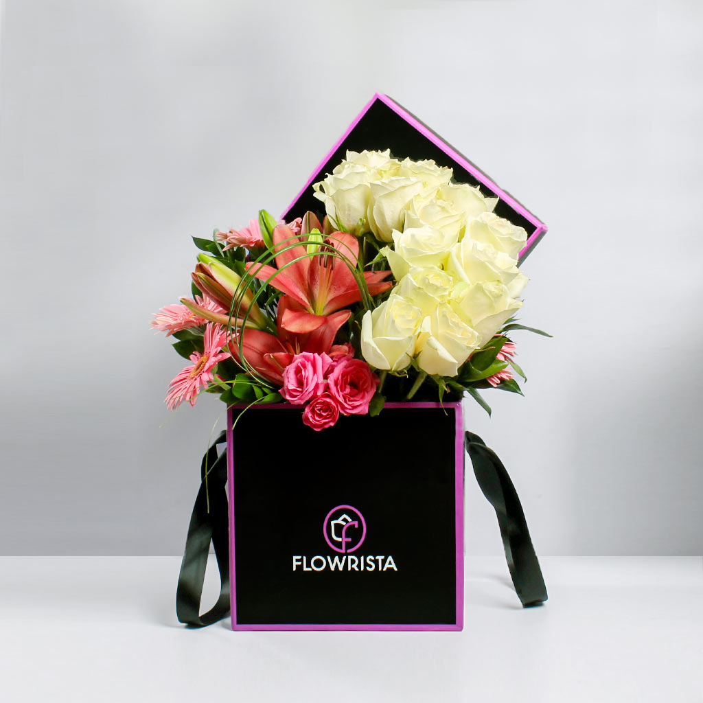 Flowrista Online Flowers Shop Luxury Flower Box: White Roses, Lilies, and Gerberas