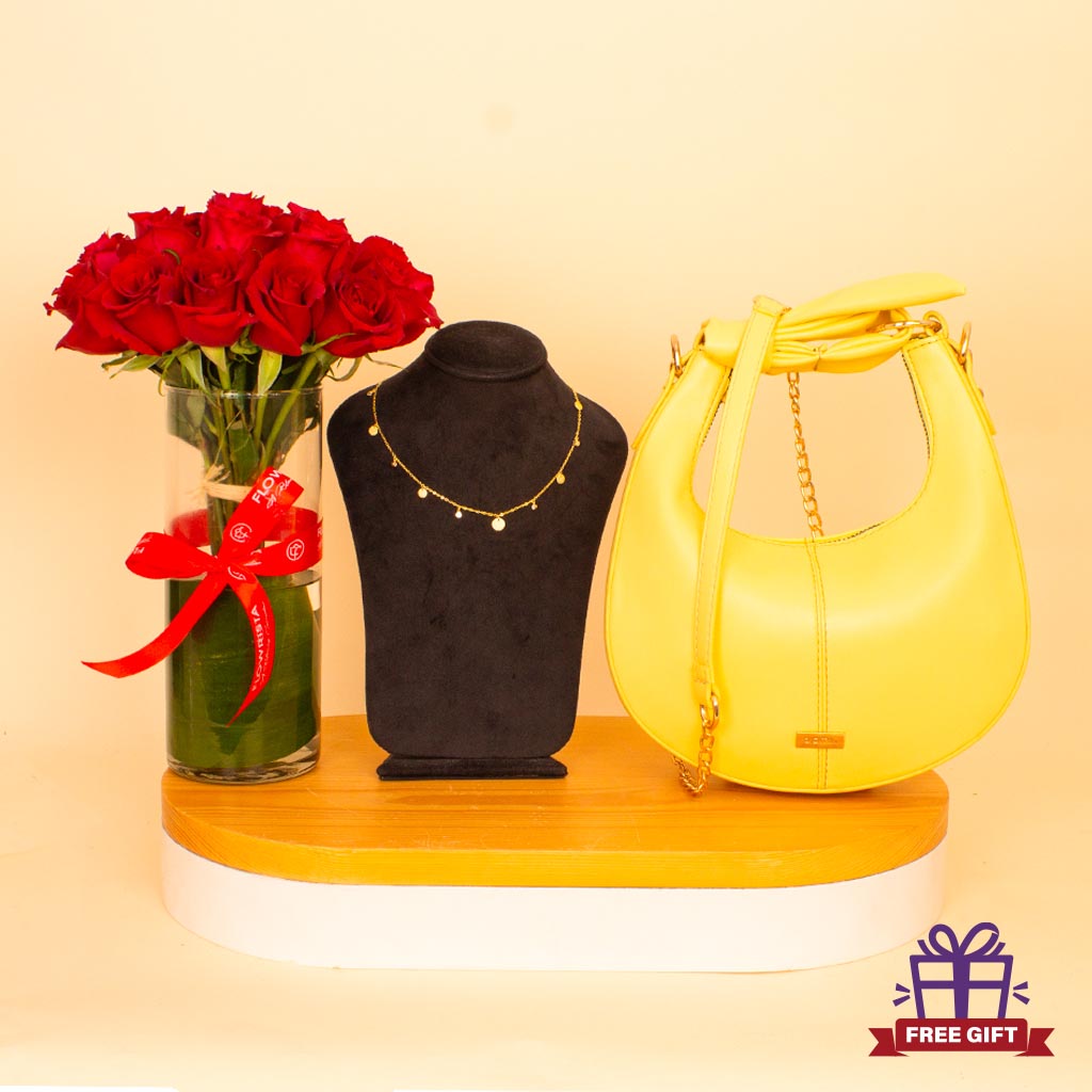Flowrista Online Flowers Shop Bella Yellow & Golden Circles Bundle — Alamki Bag & Felizmoda Necklace & Red Roses Vase