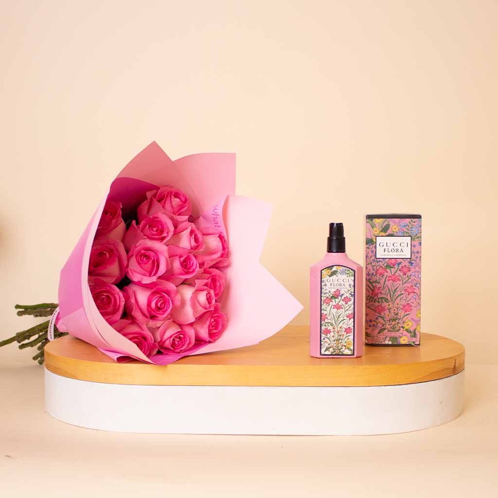 Flowrista Online Flowers Shop Gucci Flora Gorgeous Gardenia For Women EDP 100ml & Pink Roses Bouquet