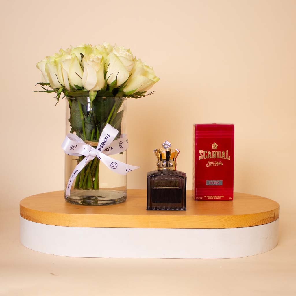 Flowrista Online Flowers Shop Jean Paul Gaultier Scandal Intense Men 100ml & White Roses Vase