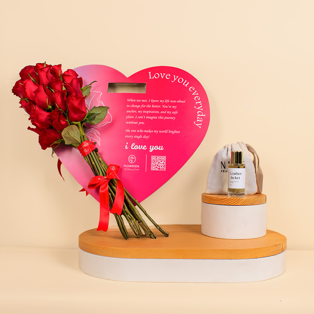 Flowrista Online Flowers Shop  نويت  جاكيت الجلدية مع قلب الحب 15وردة 