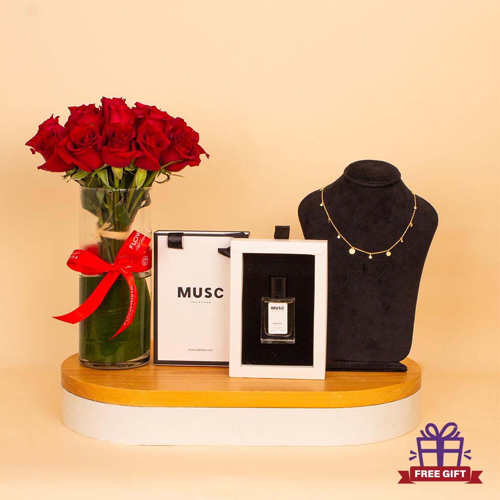 Flowrista Online Flowers Shop Crystal Romance Bundle - Felizmoda Necklace & Miss Musc 30ml & Red Roses Vase