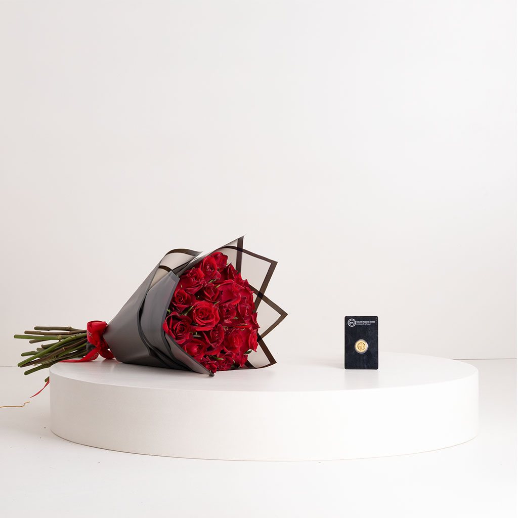 Flowrista Online Flowers Shop عملة بيتكوين ذهبية إسلامية 4 جرام وباقة ورود حمراء