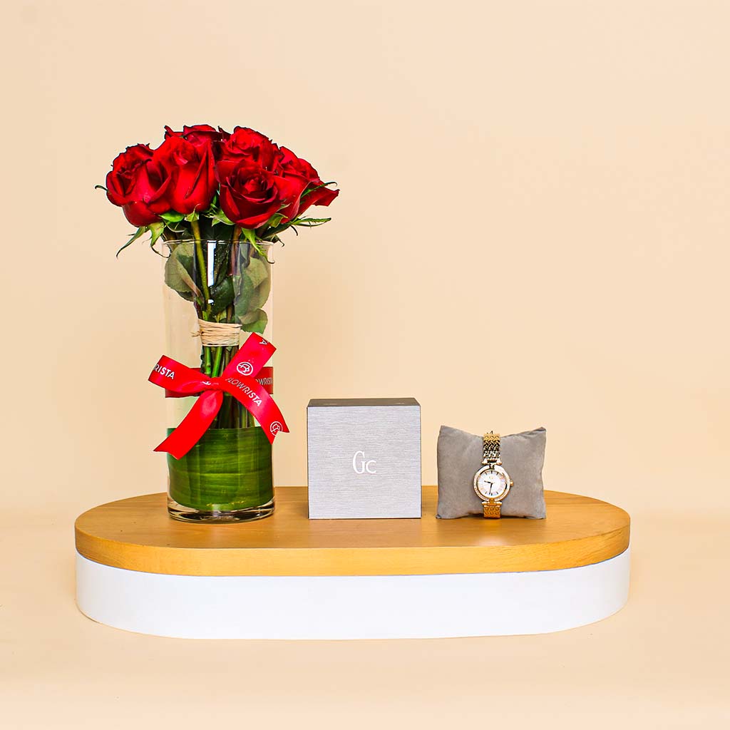 Flowrista Online Flowers Shop Valentine’s Gift Set – Guess Watch with Red Roses Bouquet