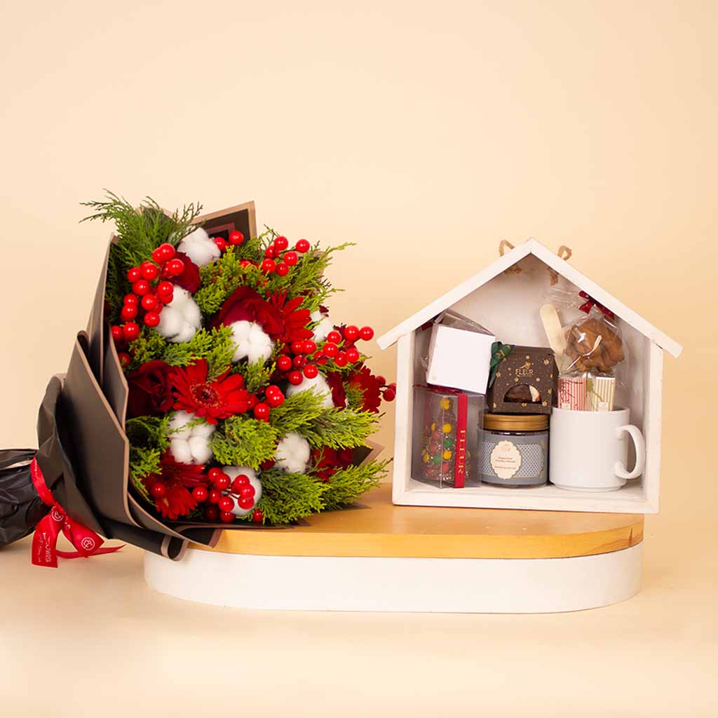 Flowrista Online Flowers Shop Fleur Belgian Chocolate Wooden House & Festive Bouquet