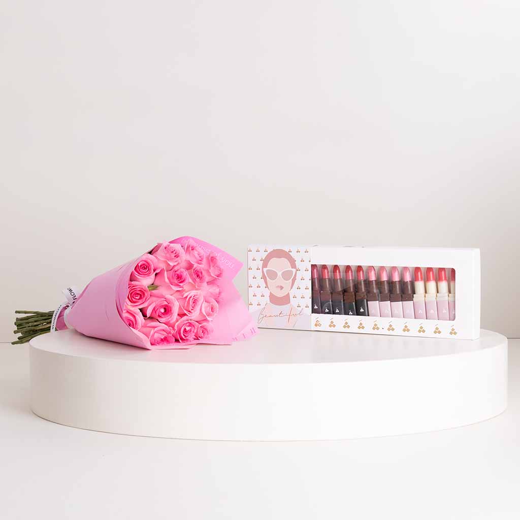 Flowrista Online Flowers Shop أحمر شفاه شانشال بالشوكولاتة و وردة وردية