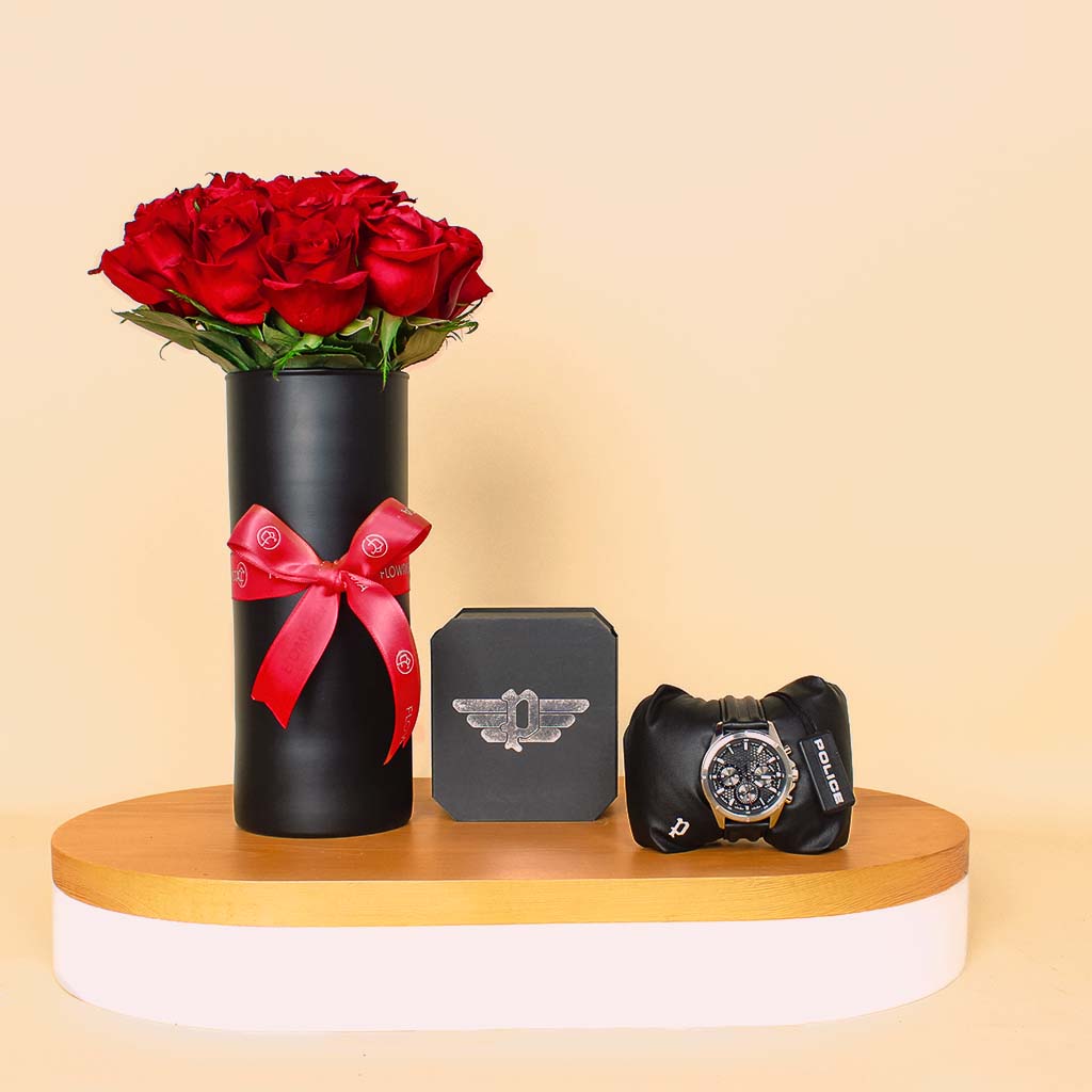 Flowrista Online Flowers Shop Police Men's Watch Black Leather Strap  | Red Flower Vase