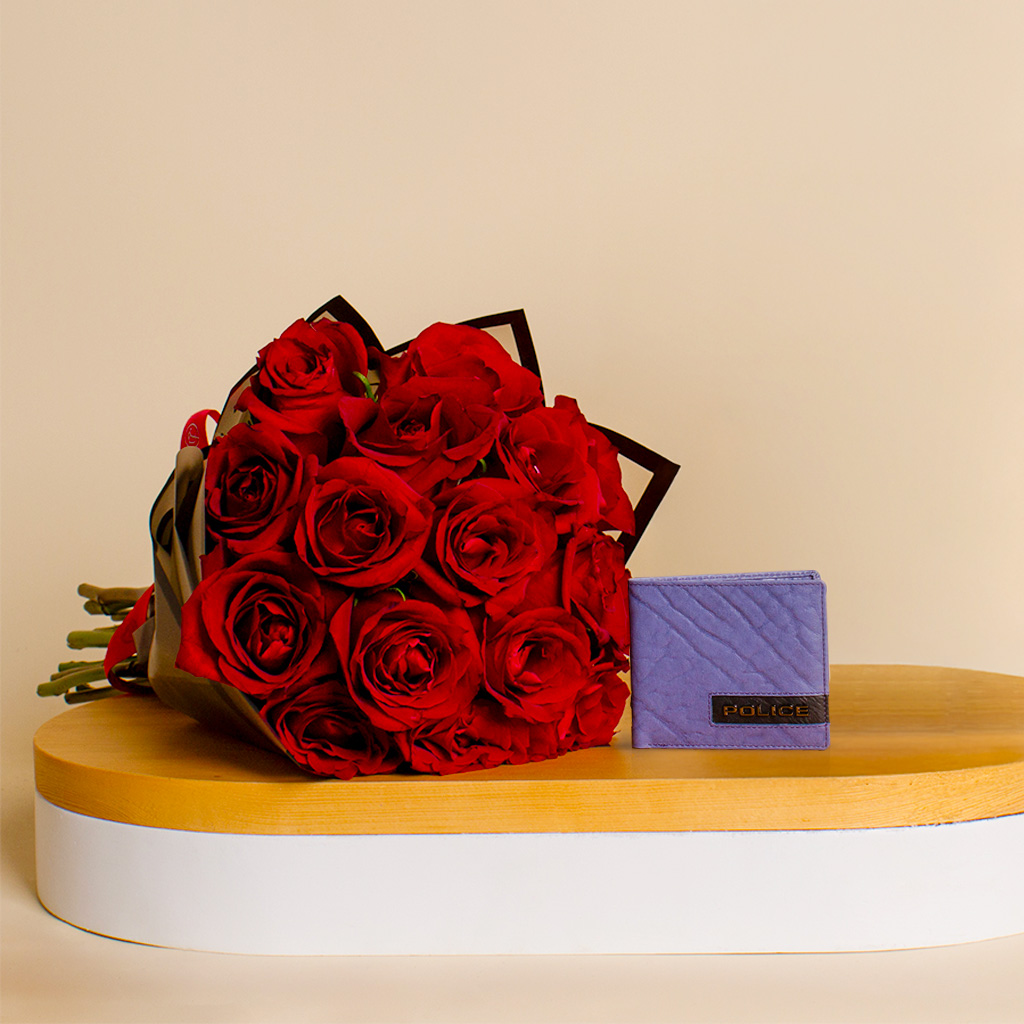 Flowrista Online Flowers Shop Police Blue Wallet & 15 Red Roses Bouquet - A Heartfelt Gift